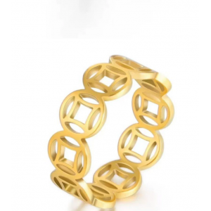 钛钢饰品镂空招财铜钱转运食指钛钢戒指几何个性复古情侣戒